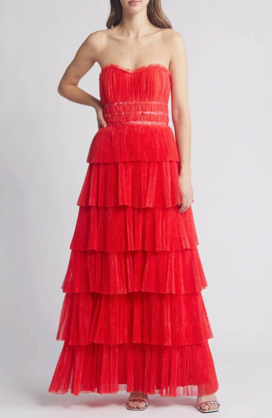 Hutch Evi Strapless Plissé Gown Red Romantic Floral Size 14 W Plus NWT Gorgeous